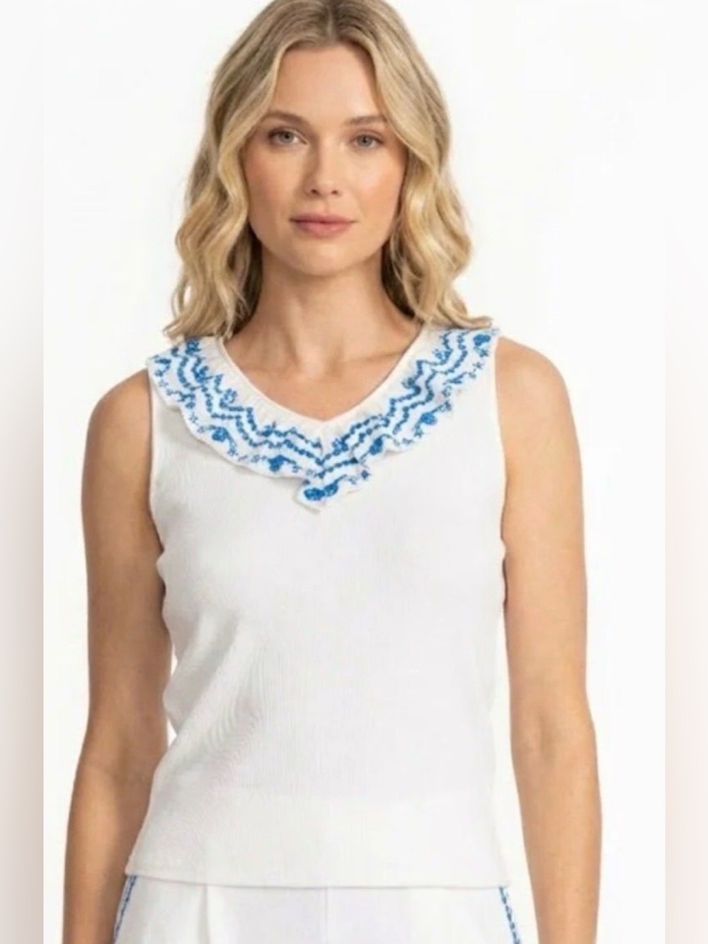 Johnny Was Mixed Media Flutter Tank Embroidered Sleeveless White Blue M